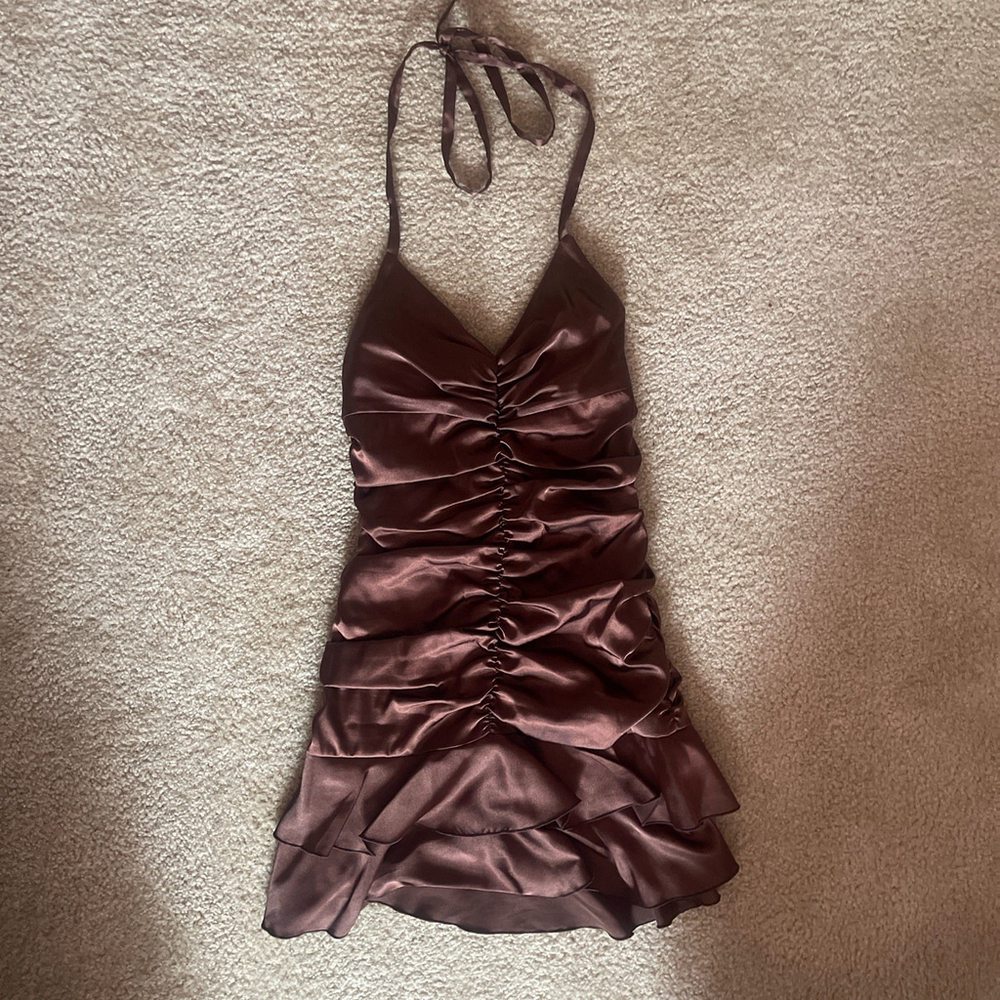 Y2K Jessica McClintock Ruched Ruffle Mini Dress Halter Women's Size 8 Brown